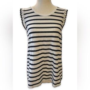 Ann Taylor LOFT sleeveless ruffle detail navy/white striped blouse, size M